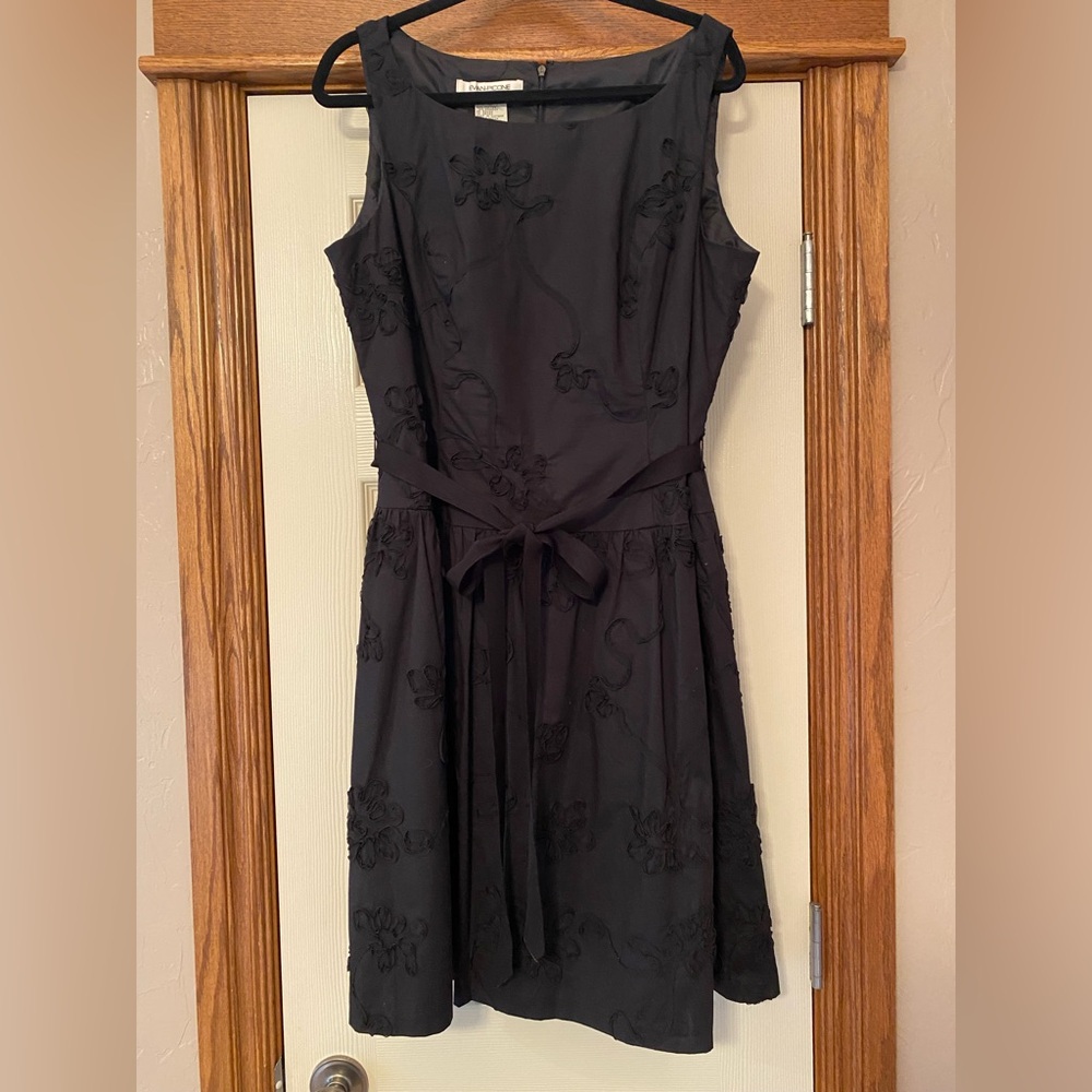 Evan Picone Sz 16 Womens Black Sleeveless Dress Drop Waist Ribbon Detail